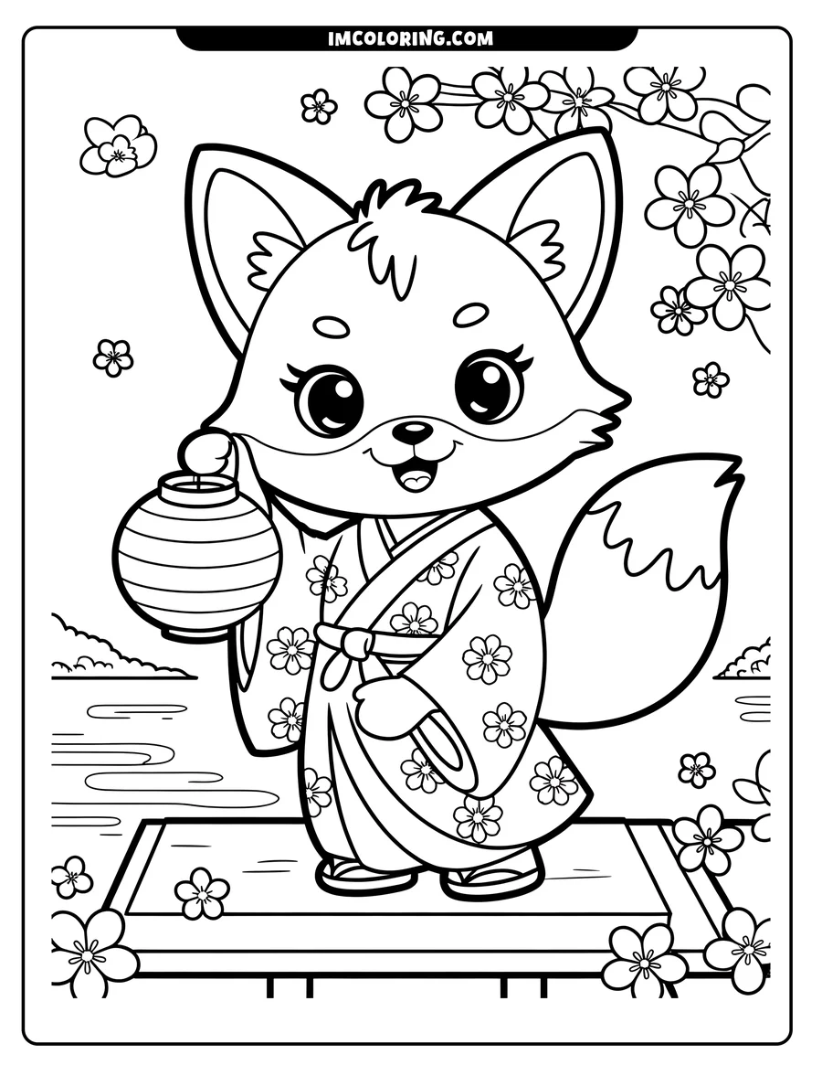 Line art of a fox in a floral kimono holding a paper lantern, standing on a platform near water with cherry blossoms falling around it.