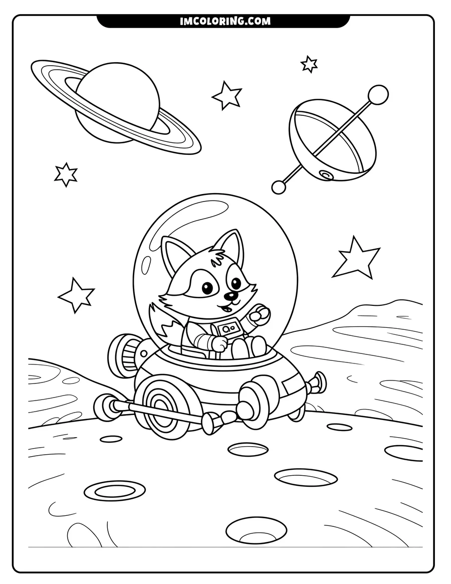 Outline of a fox astronaut in a spaceship, with a planet and satellite in the background