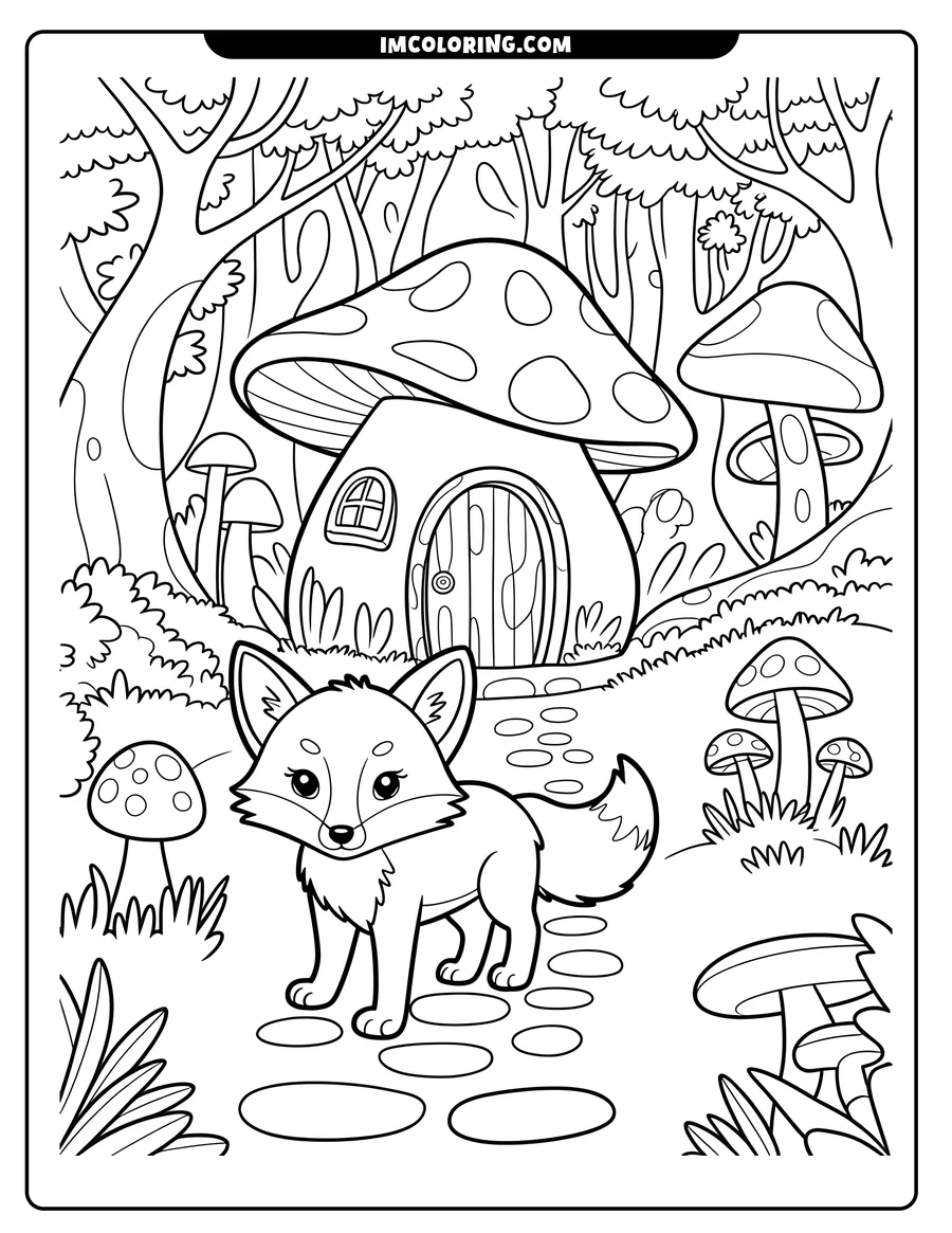 Outline of a cartoon fox standing near a mushroom house in a forest with other mushrooms and trees in the background.