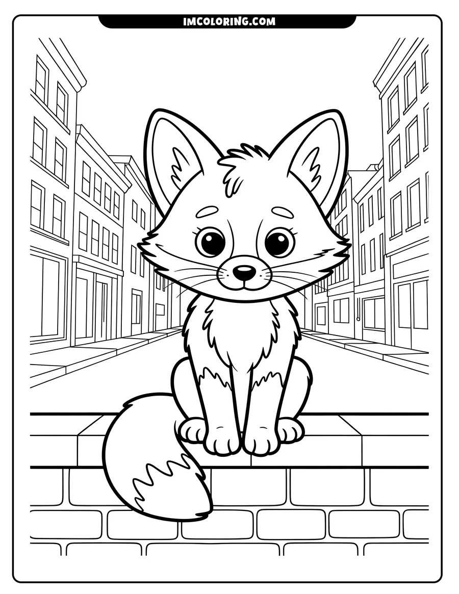 Line art of a cartoon fox sitting on a low brick wall, with city buildings in the background.