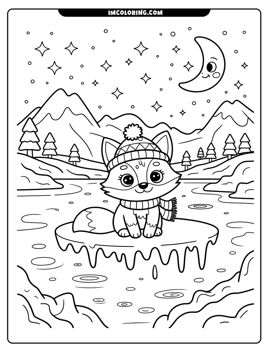 Outline of a cartoon fox sitting on a melting ice floe, wearing a winter hat and scarf. Pine trees and snowy mountains create a wintry backdrop under the night sky.