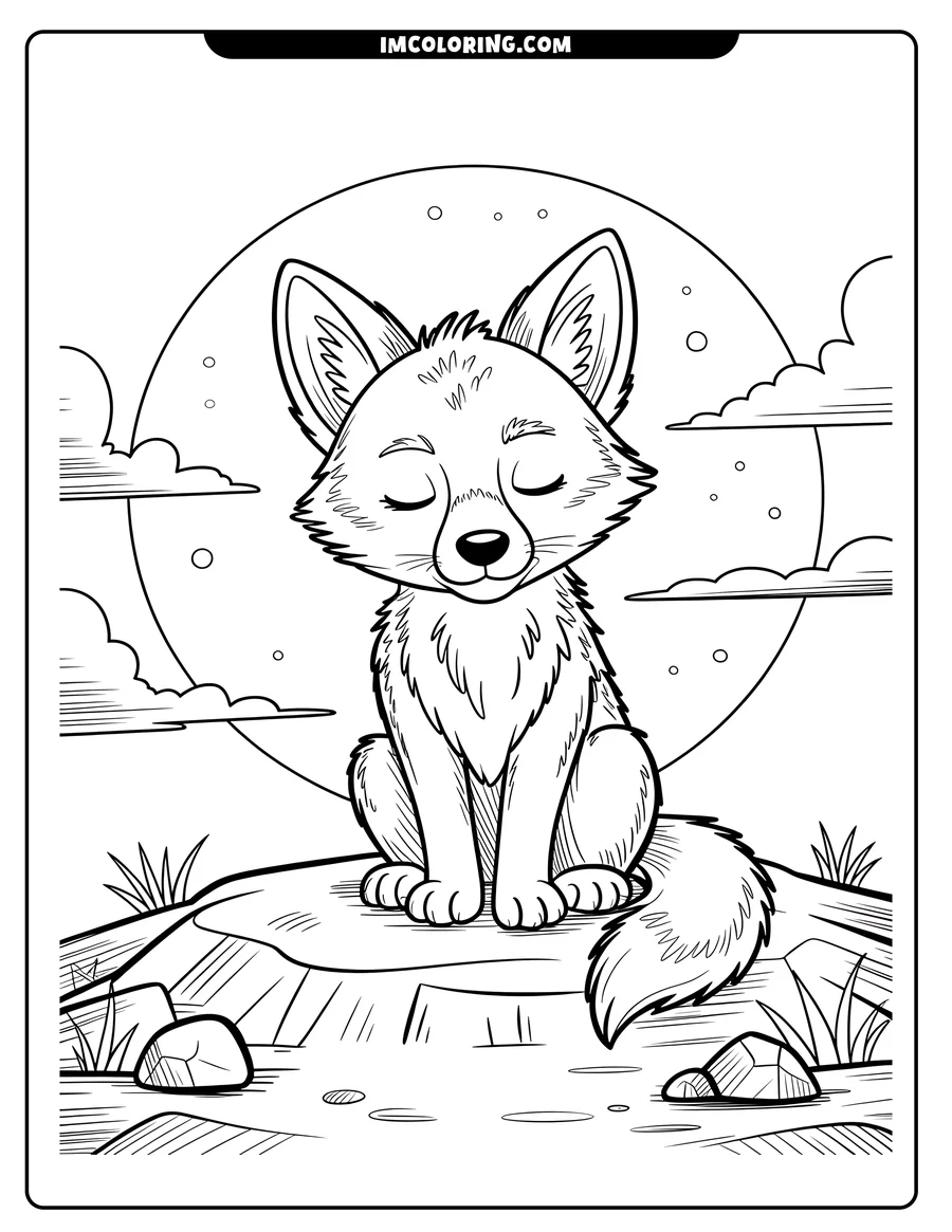 Outline of a cartoon fox sitting on a rock with its eyes closed, a large circle behind it, and small rocks and grass around the base of the rock.