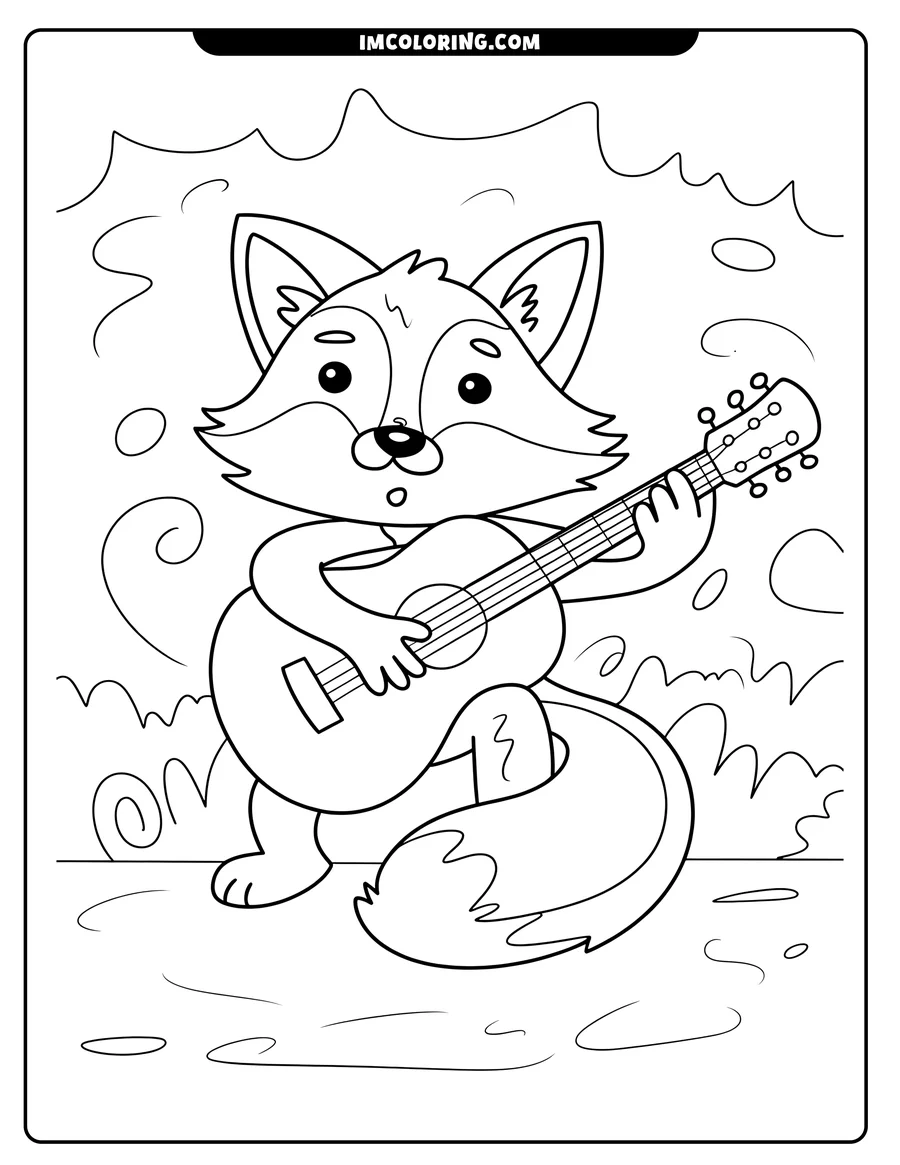 Line art of a fox playing a guitar. The fox is standing and holding the guitar with its paws.