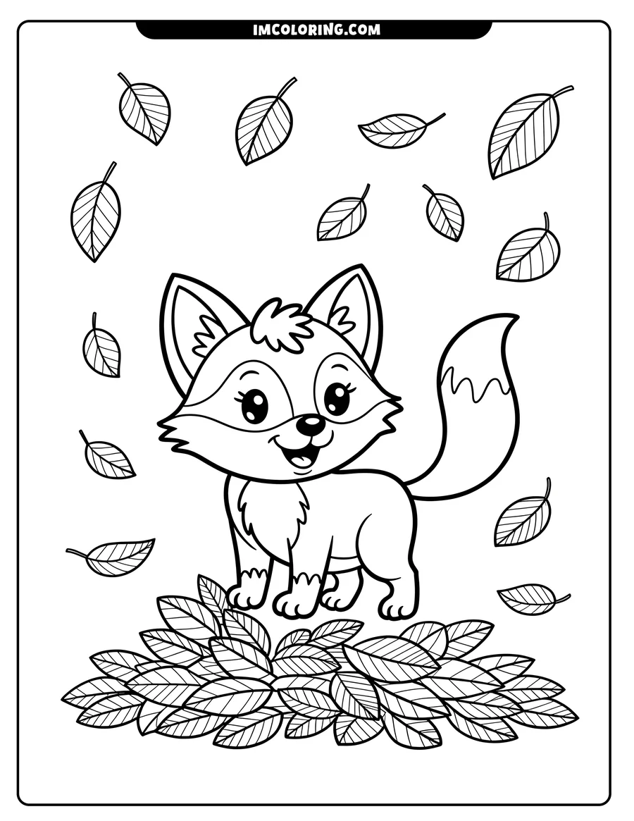 Outline of a playful cartoon fox standing on a pile of fallen leaves, with more leaves falling around it
