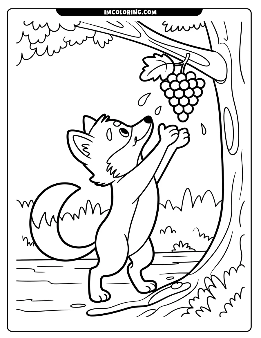 Line art of a fox reaching up to a bunch of grapes hanging from a vine.