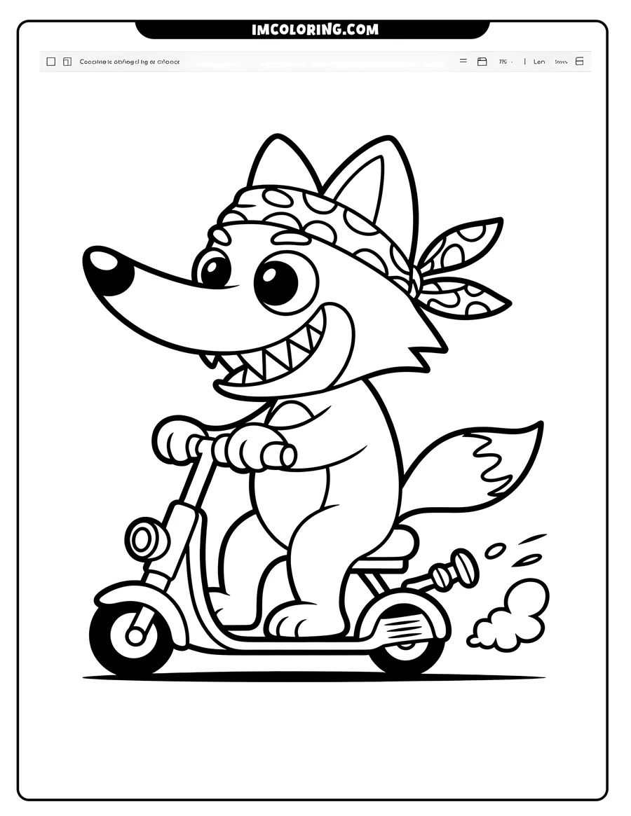 Line art of a cartoon fox riding a scooter. The fox wears a bandana and is smiling.