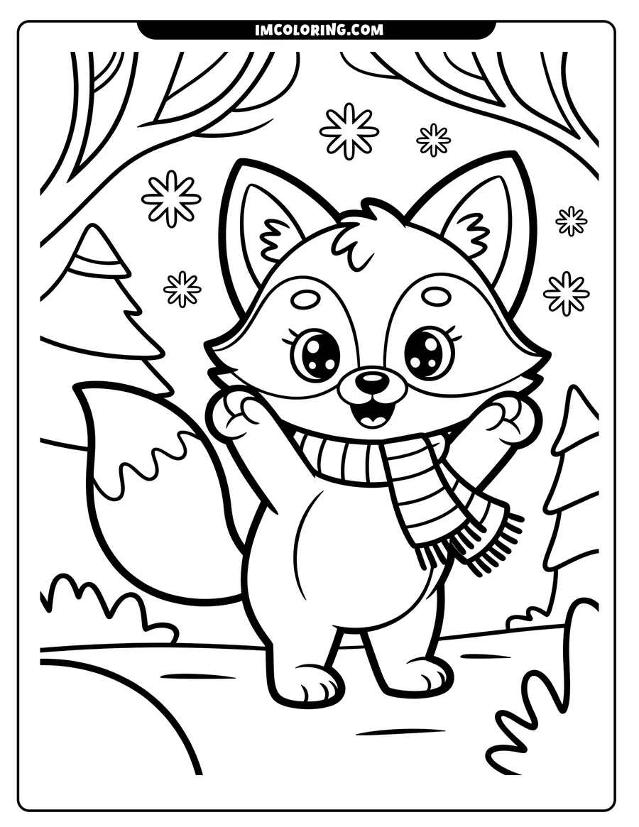 Outline of a cartoon fox wearing a striped winter scarf, standing in a snowy forest scene with small evergreen trees on either side. Snowflakes are visible in the air around the fox.