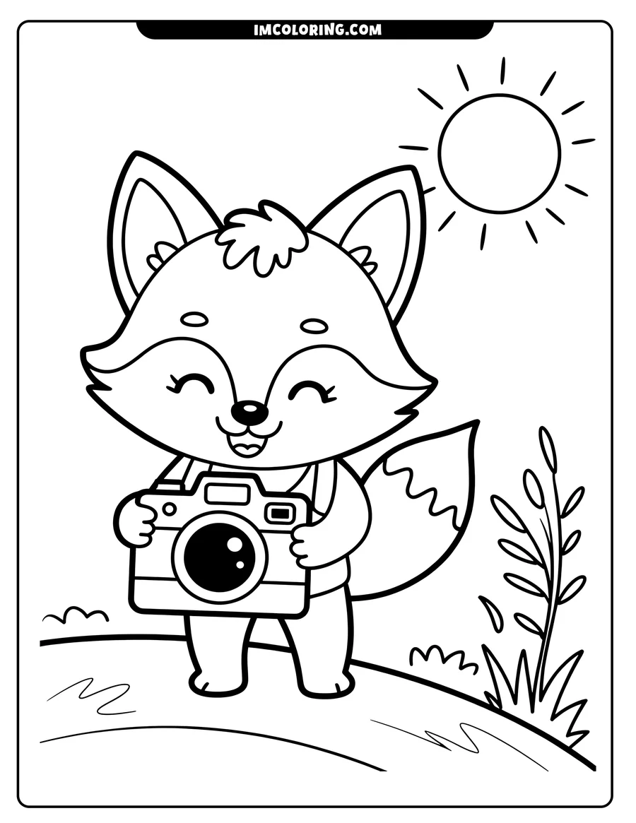 Outline of a smiling fox holding a camera, with a sun and small plants in the background.