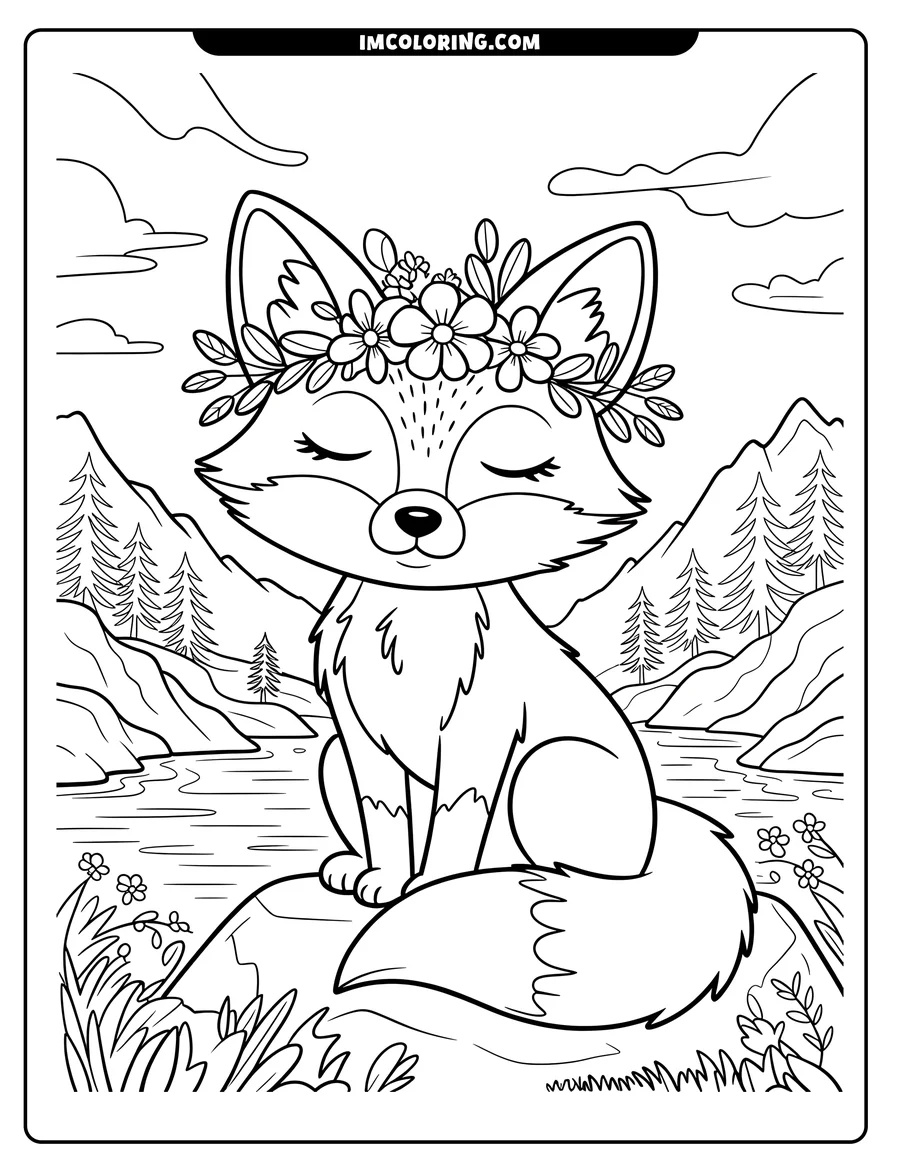 Outline of a fox with a flower crown sitting by a river, with mountains in the background.