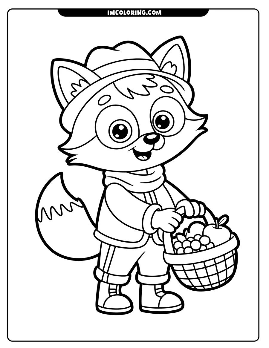 Outline of a cartoon fox holding a basket filled with fruit, wearing a hat, scarf, and winter clothes.