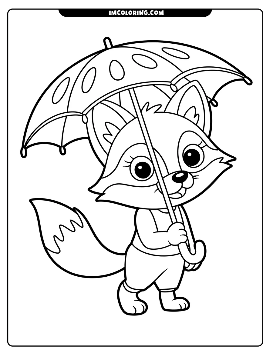 Line art of a fox holding an umbrella. The fox wears simple clothes and has a large, bushy tail.