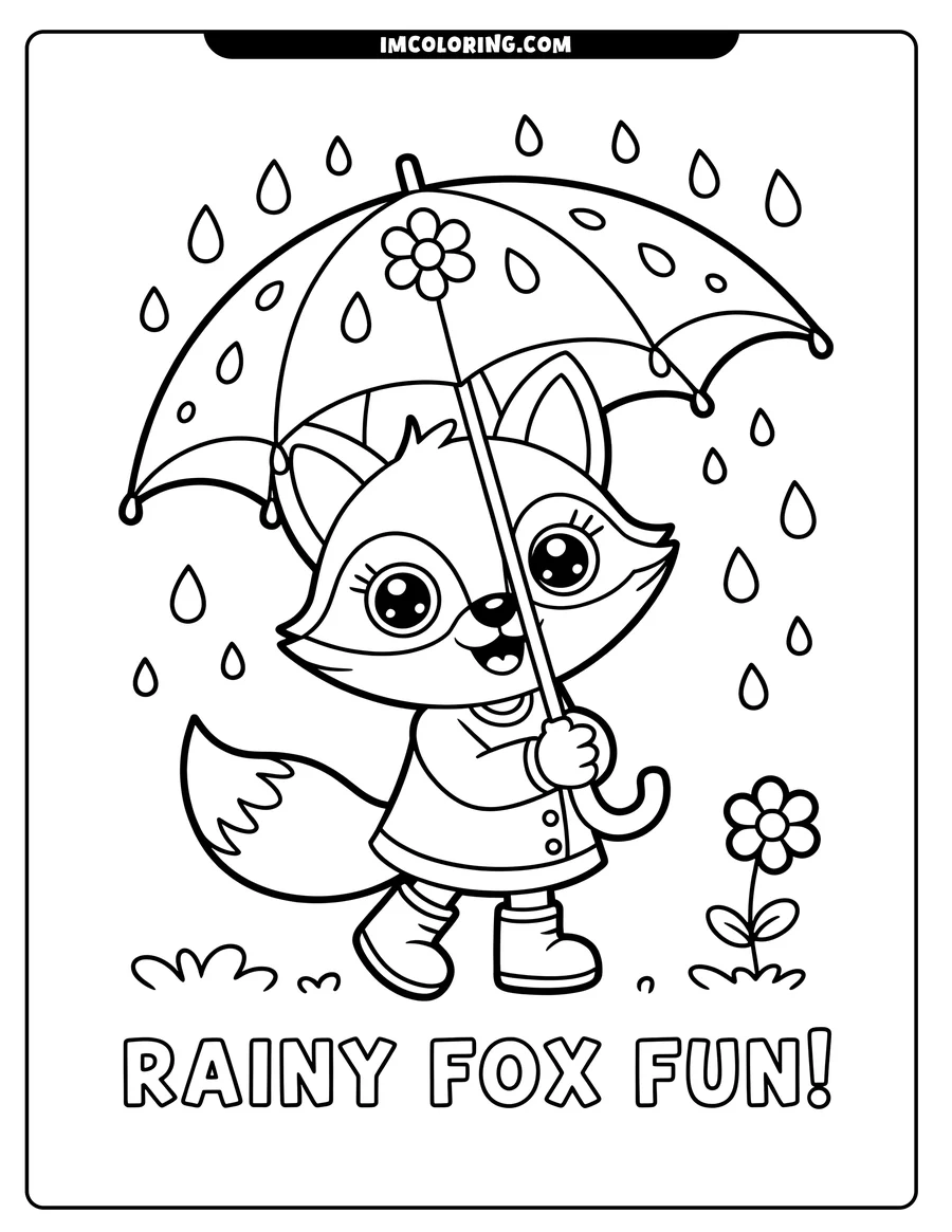 Outline of a cheerful fox wearing a raincoat and boots, holding an umbrella in the rain. A small flower blooms nearby.