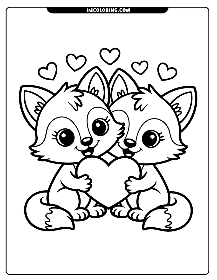 Two foxes holding a heart, line art illustration for Valentine's or friendship coloring activities.