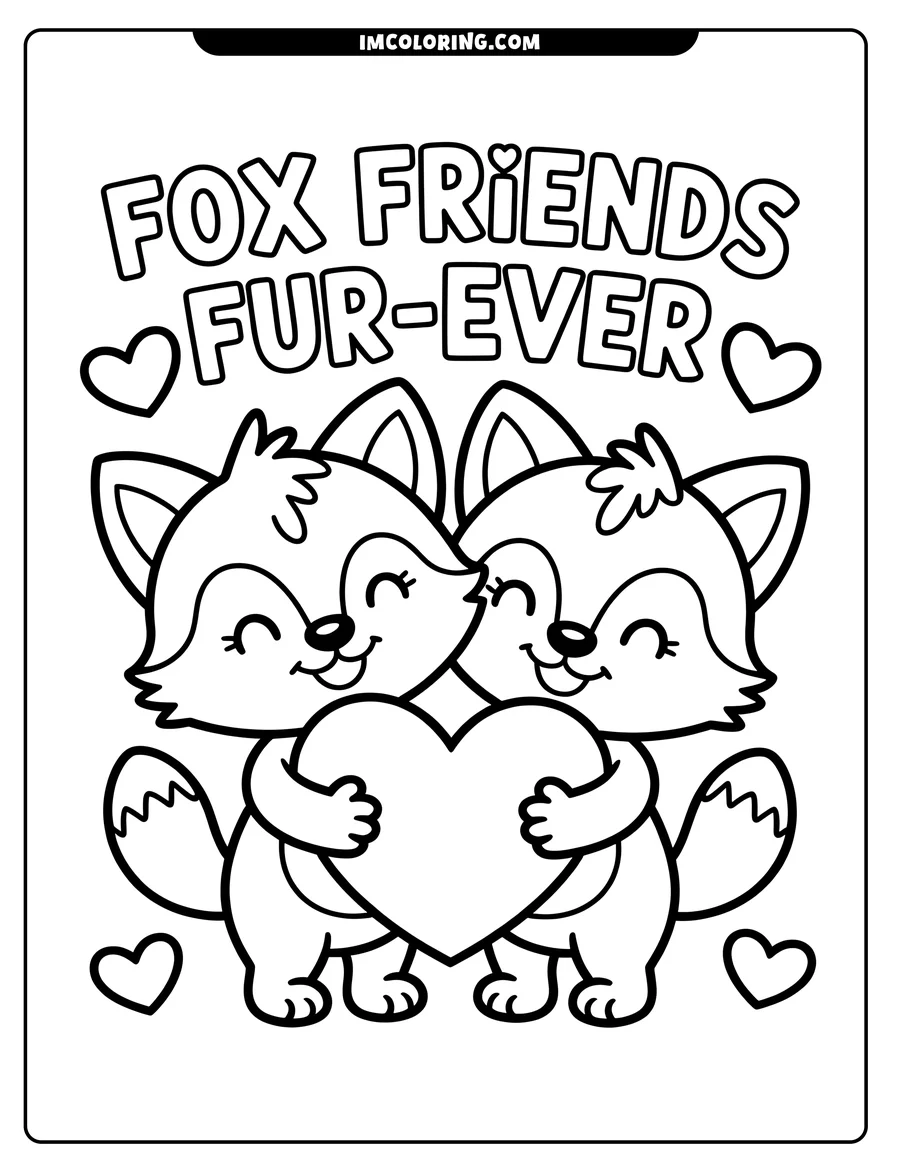Two foxes hugging a heart, outlined for coloring.