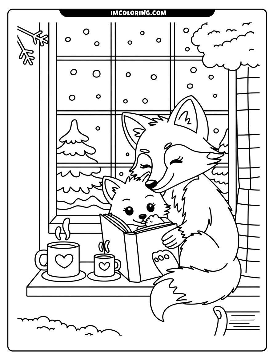 Outline of two foxes, an adult and a cub, reading a book together by a window on a snowy day. Two mugs sit on the windowsill, and a winter scene is visible outside.
