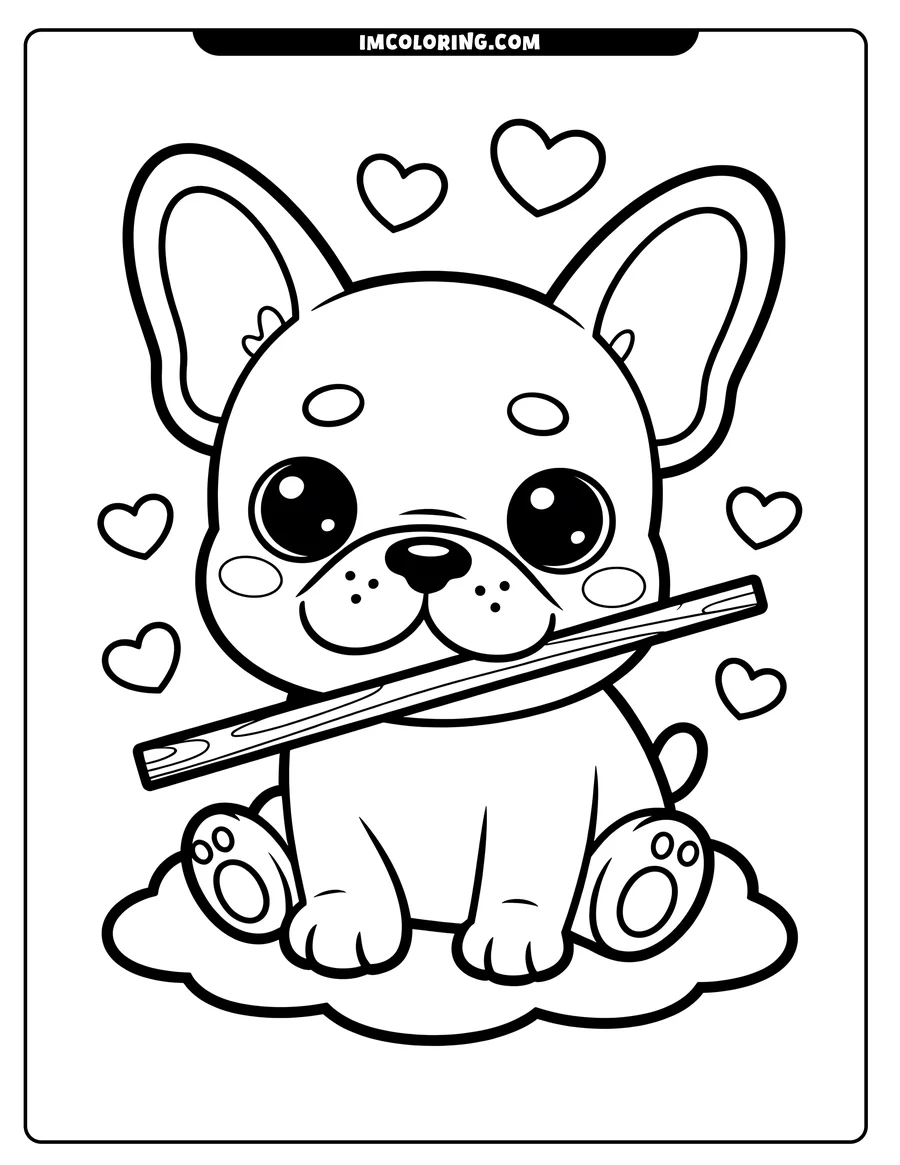 Outline of a French bulldog puppy holding a bone and sitting on a cloud, surrounded by hearts.