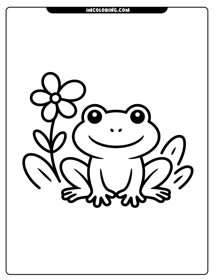 Outline of a simple cartoon frog sitting with a flower and leaves beside it.