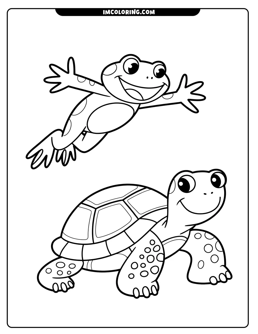Line art of a spotted frog leaping and a turtle walking. A fun coloring page for nature lovers.