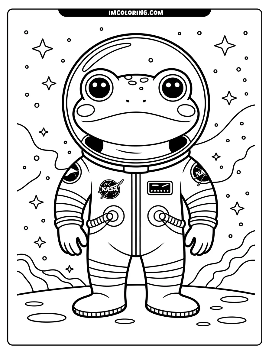 Line art of a frog wearing a NASA spacesuit, standing on a surface that looks like the moon, with stars and a simple landscape in the background.