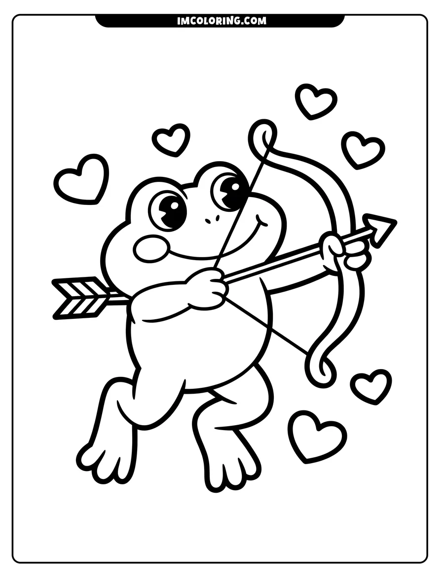 Outline of a cartoon frog aiming a bow and arrow, surrounded by floating hearts.