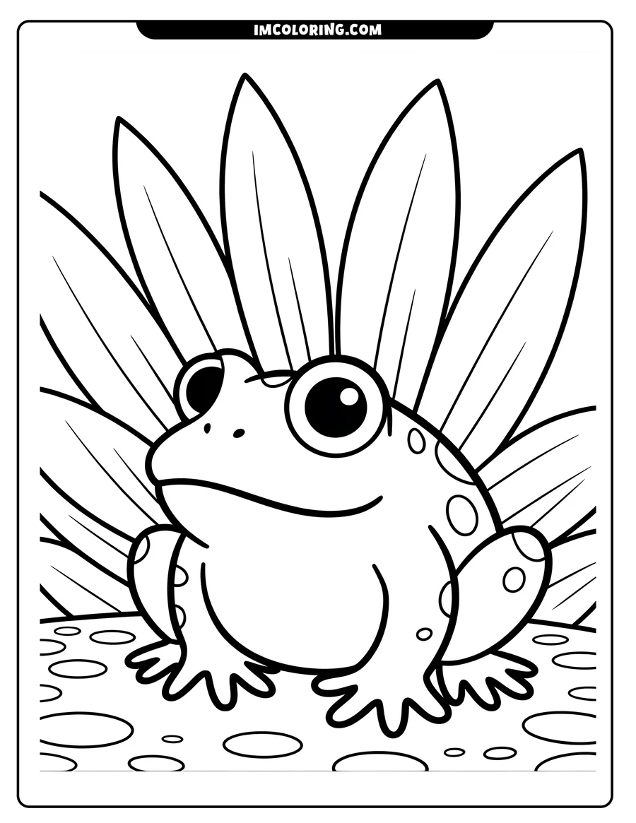 Outline of a cartoon frog sitting by lily pads