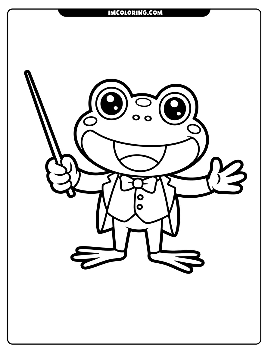 Line art of a cheerful frog in a tuxedo, holding a conductor's baton and gesturing as if conducting an orchestra.