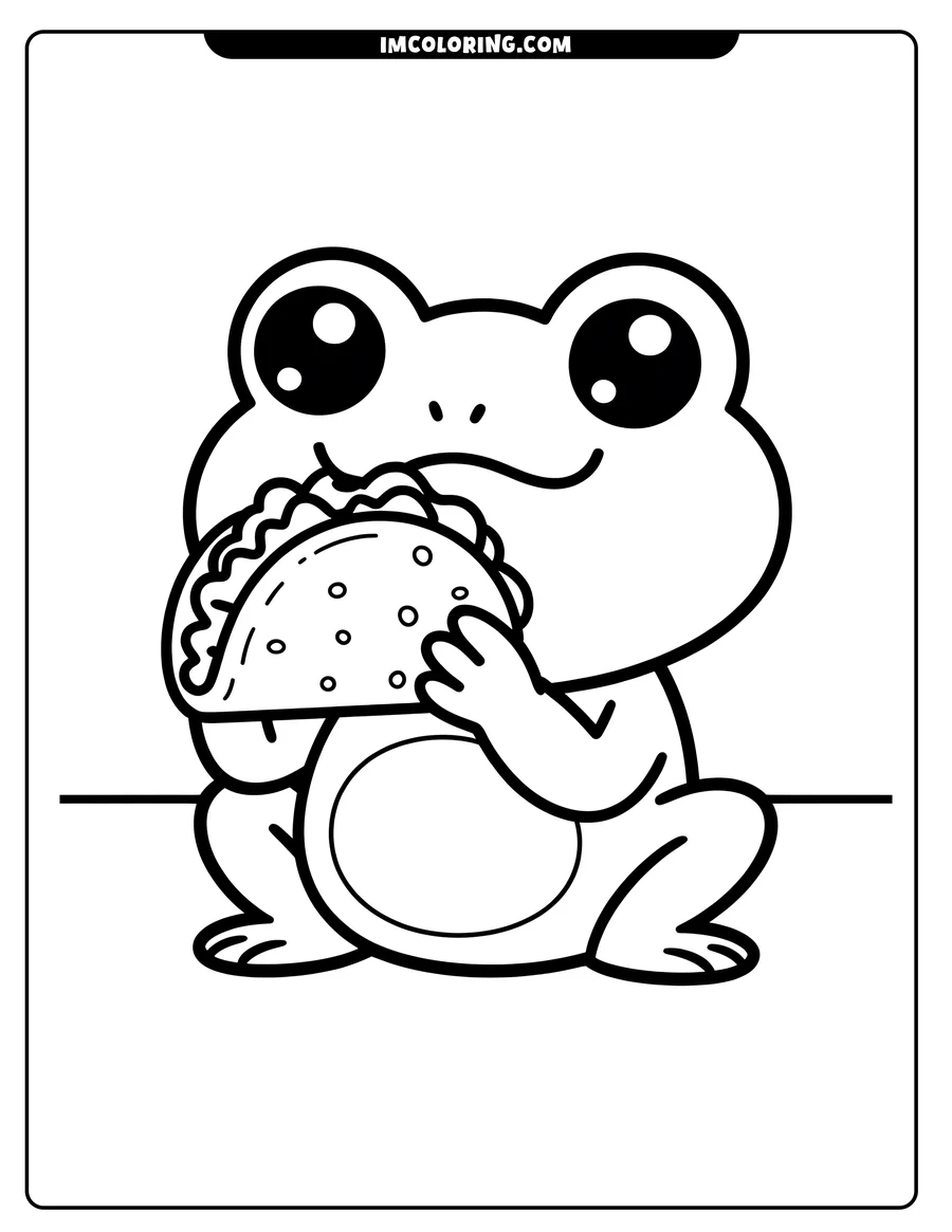 Outline of a cartoon frog happily eating a taco.