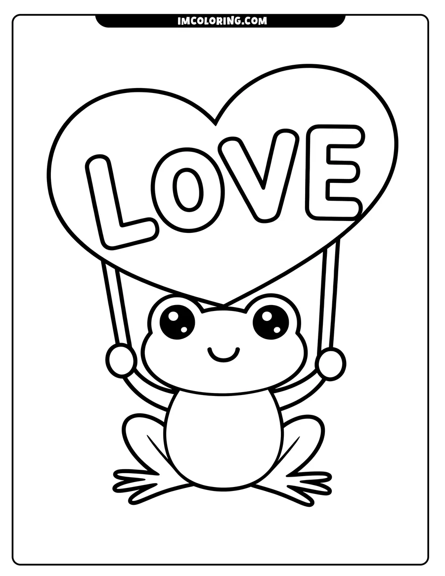Outline of a cute frog holding a heart-shaped sign that says LOVE.