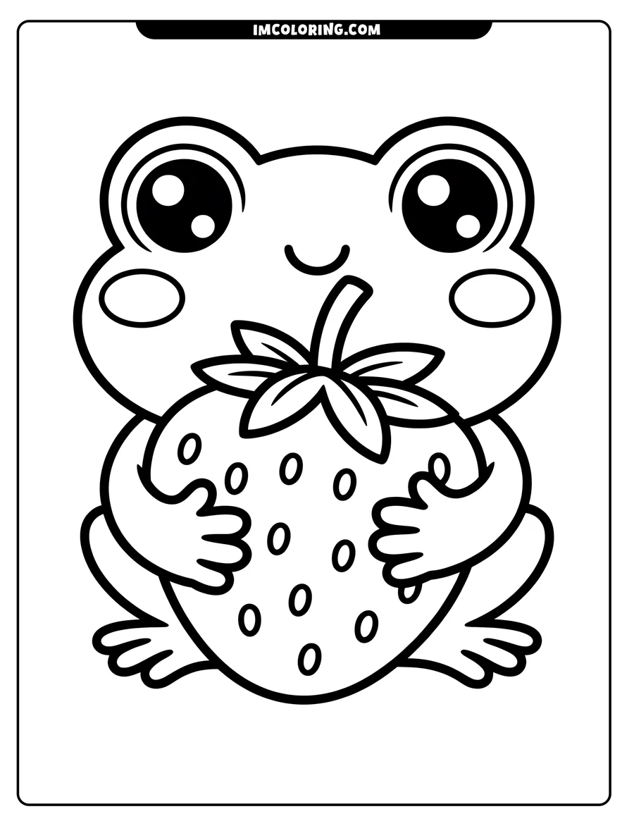 Outline of a kawaii-style frog hugging a large strawberry