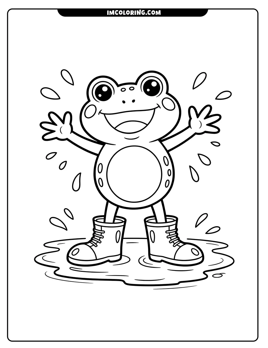 Outline of a cheerful frog wearing rain boots and standing in a puddle, with raindrops splashing around it.