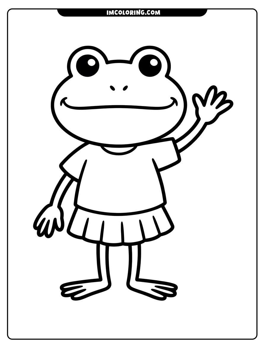 Outline of a cartoon frog wearing a skirt and waving.