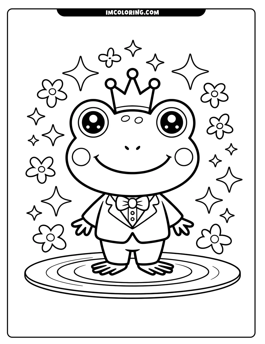 Outline of a frog wearing a suit and crown, standing on a lily pad. Flowers and sparkles decorate the background.