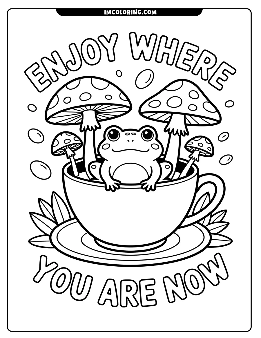 Outline of a frog sitting in a teacup, surrounded by mushrooms and bubbles, with text that reads