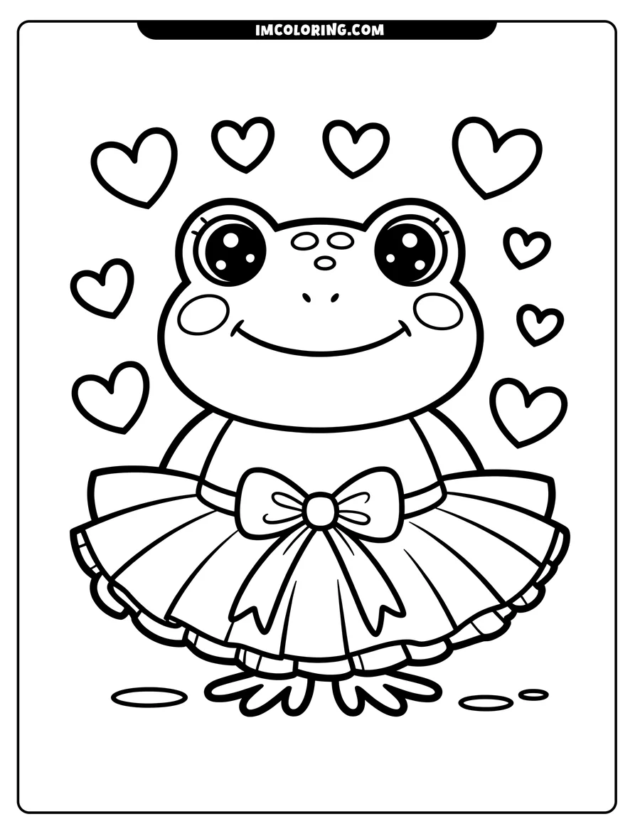 Outline of a frog wearing a tutu with a bow. Hearts float around the frog's head.