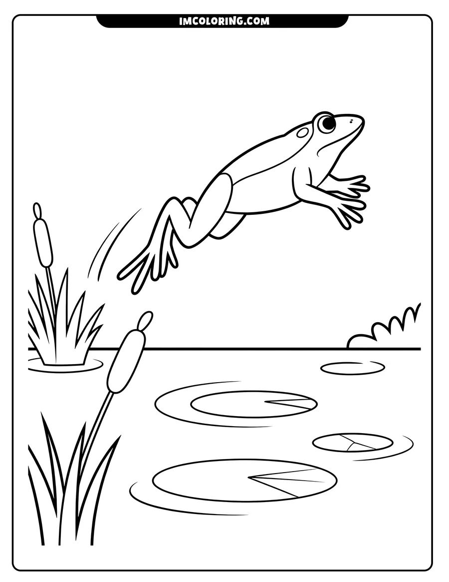 Line art of a frog jumping over a pond with lily pads and cattails.