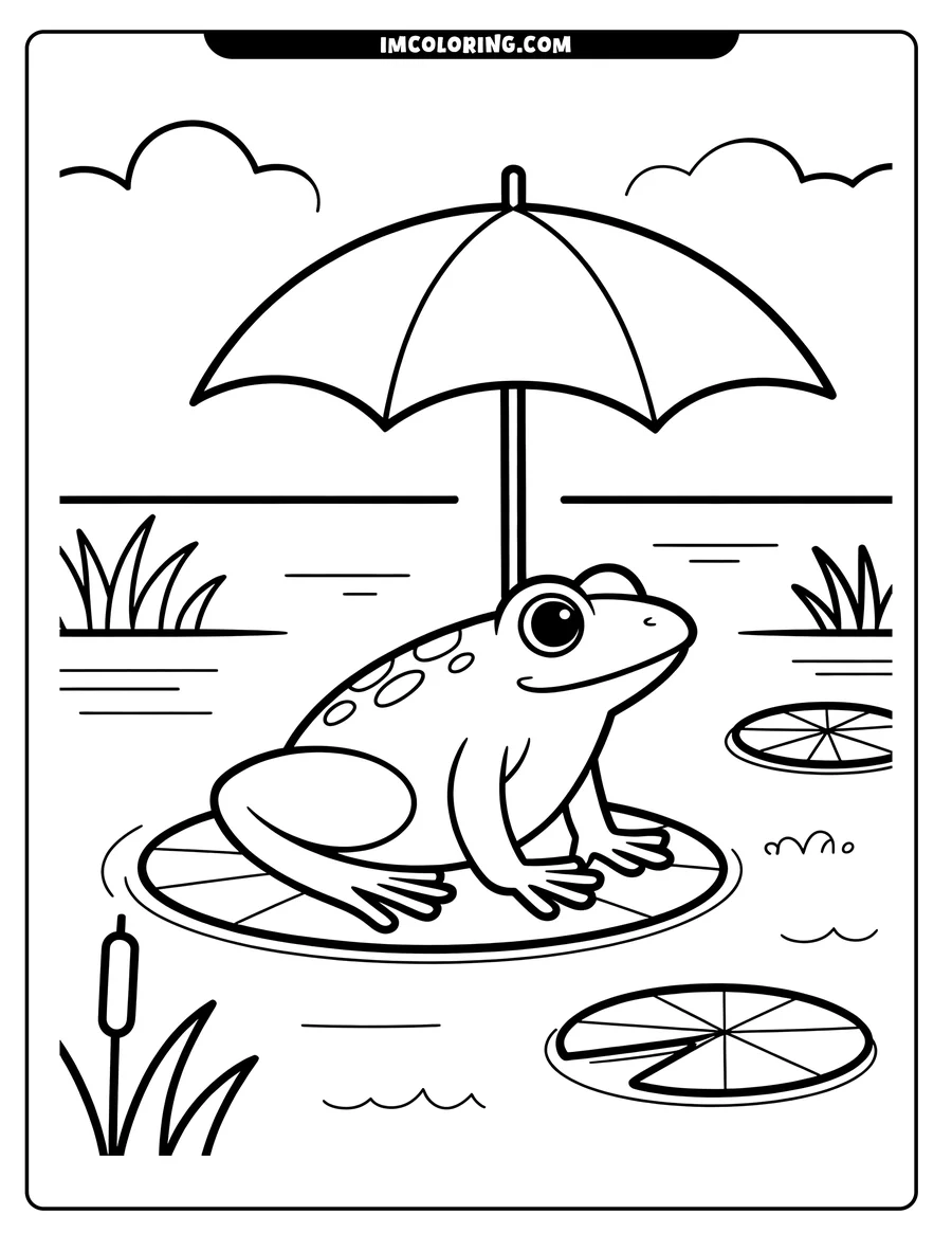 Line art of a frog sitting on a lily pad under an umbrella. The frog has spots and large, friendly eyes. Cattails and other lily pads surround it in the water.