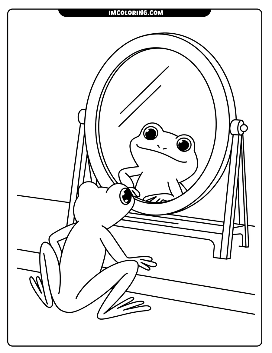 Line art of a frog gazing at its reflection in a round mirror set on a stand.