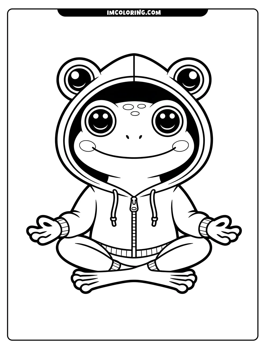 Line art of a cartoon frog sitting in a meditative pose, wearing a hooded jacket. It appears calm and friendly.