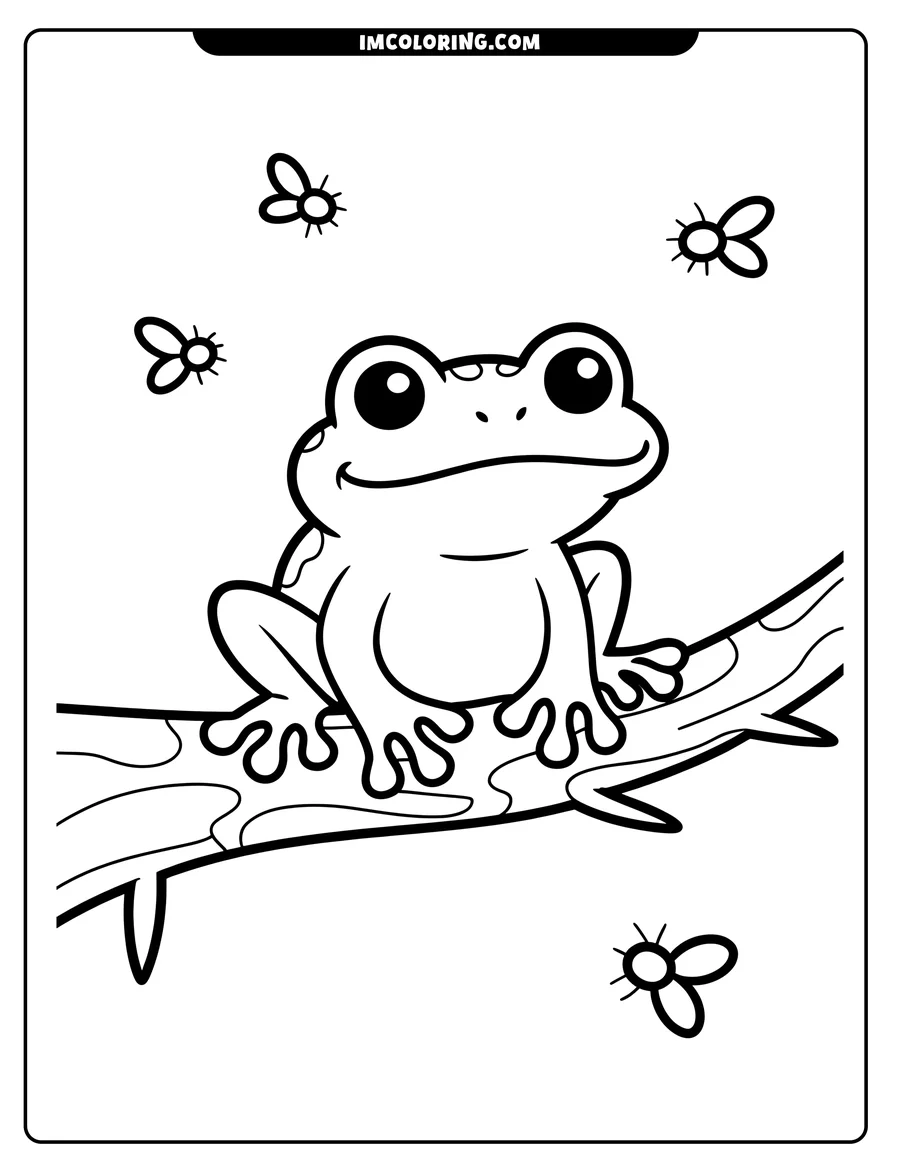 Outline of a cartoon frog sitting on a branch with bugs flying around it.
