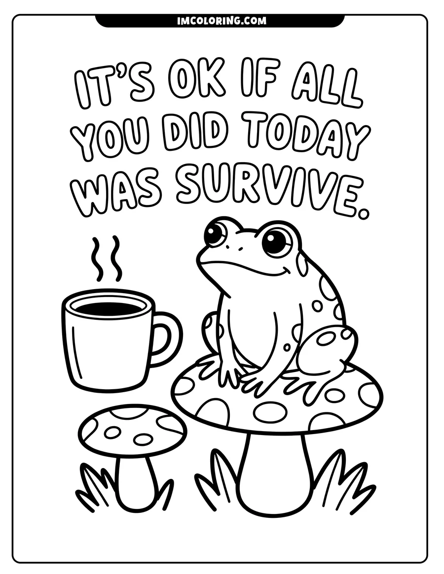 Line art of a frog sitting on a spotted mushroom with a mug beside it.