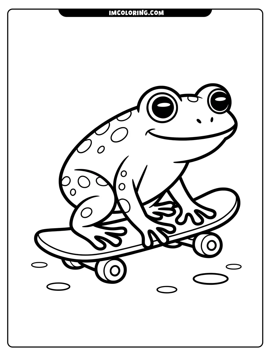 Outline of a cartoon frog sitting on a skateboard. The frog has spots and large eyes.
