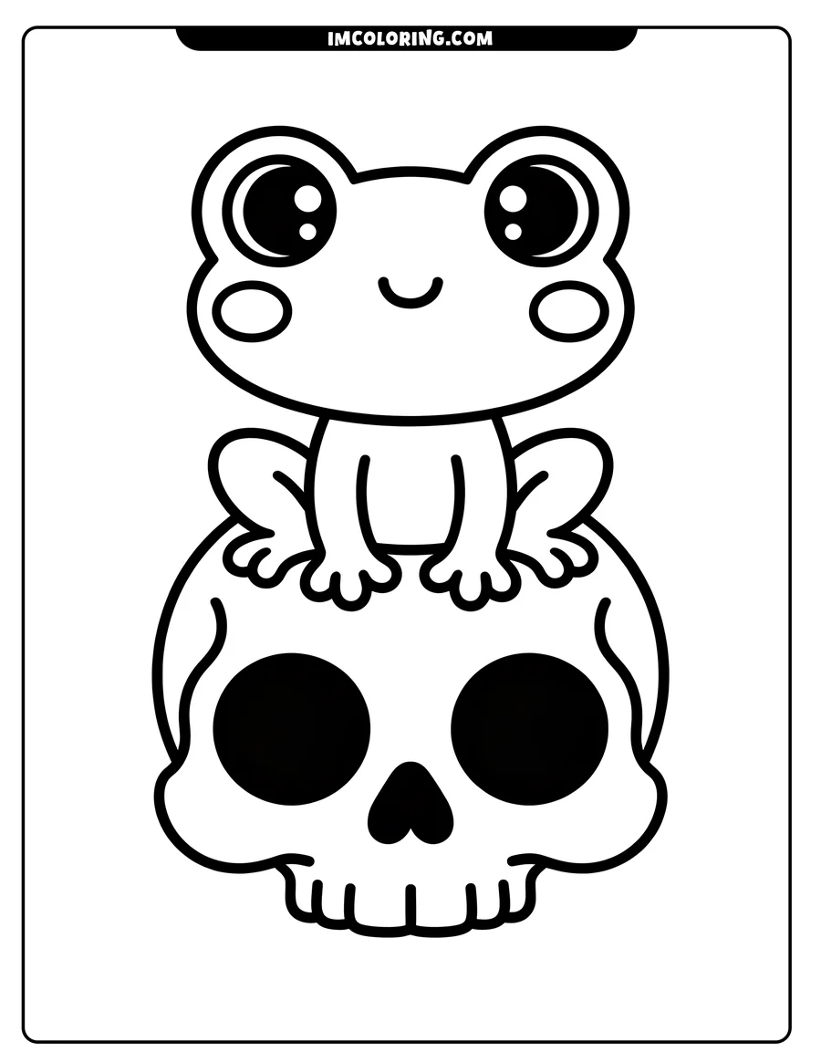 Outline of a cartoon frog sitting on a skull. The frog has large, expressive eyes and a content smile.