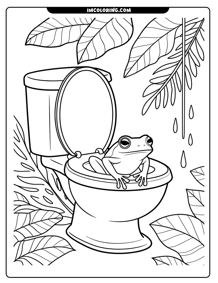 Line art of a frog sitting on a toilet, surrounded by tropical leaves. Water droplets fall from one leaf, creating a whimsical jungle-bathroom scene.