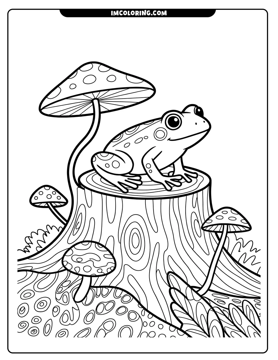 Outline of a frog sitting on a tree stump with mushrooms growing around it.