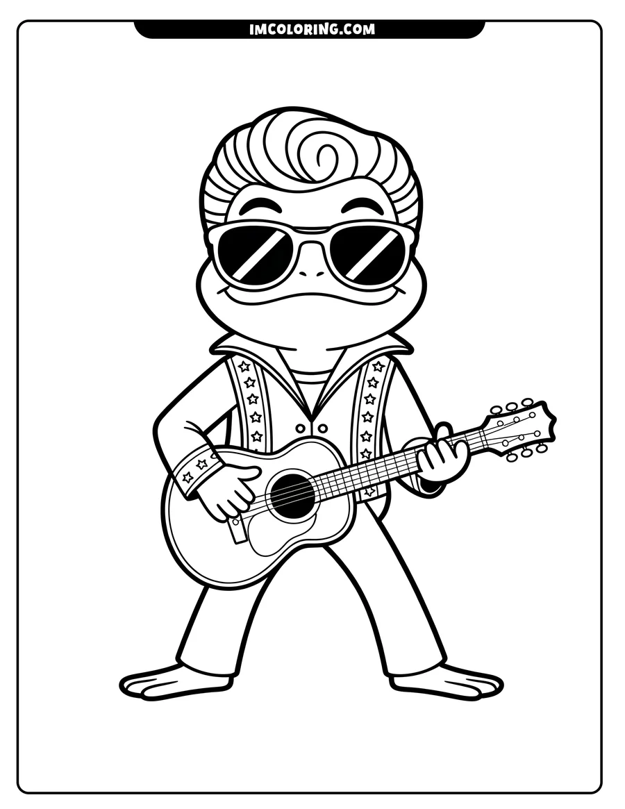 Line art of a frog playing a guitar. He's dressed in a stylish jacket and sunglasses, giving him a cool, musical vibe.