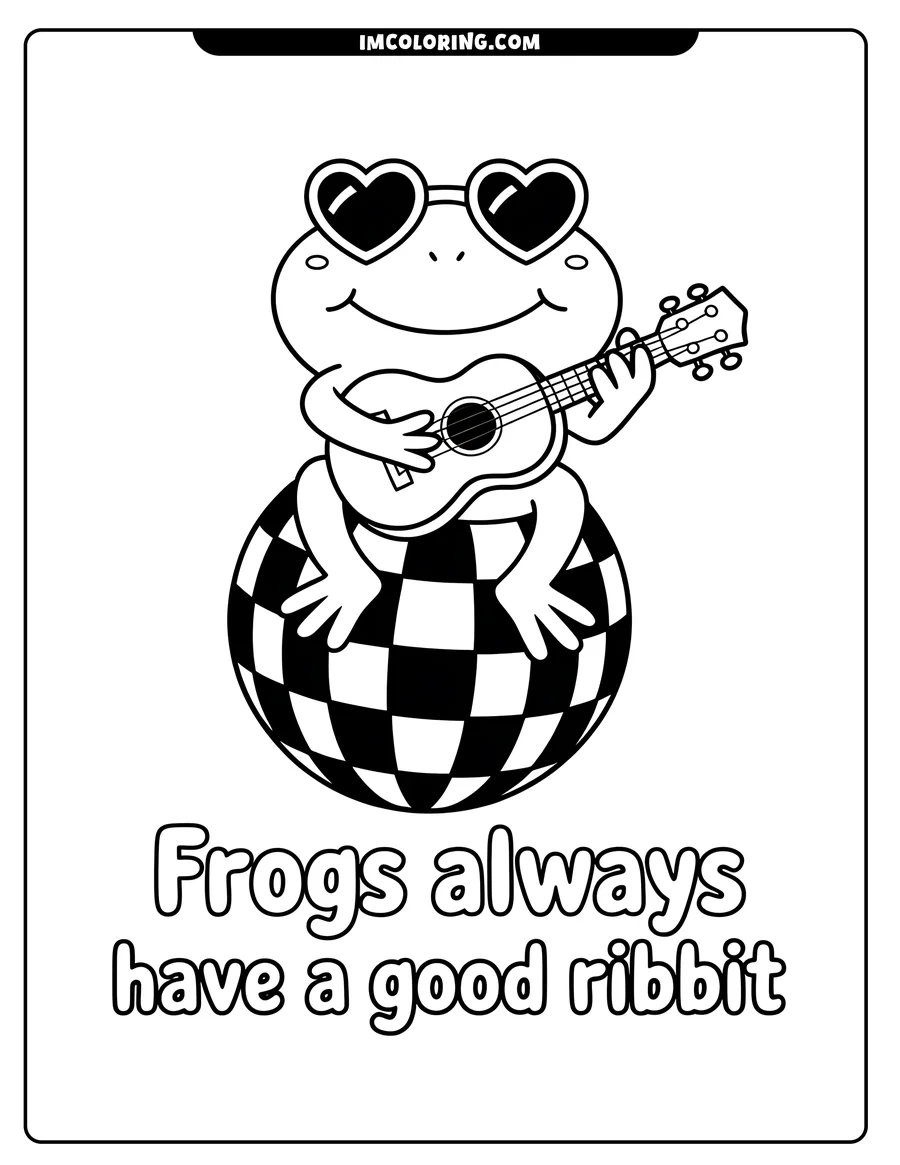 Outline of a frog playing the ukulele while sitting on a disco ball. The frog is wearing heart-shaped sunglasses.