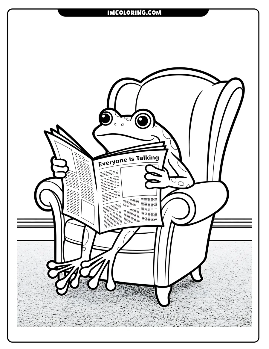 Outline of a spotted frog sitting in an armchair and reading a newspaper titled 'Everyone is Talking'.