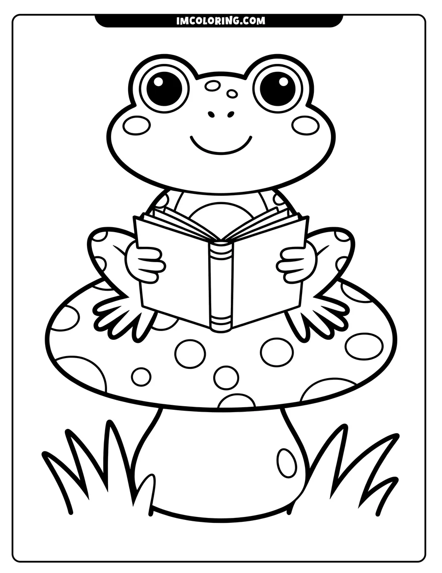 Outline of a smiling frog sitting on a spotted mushroom and reading an open book.