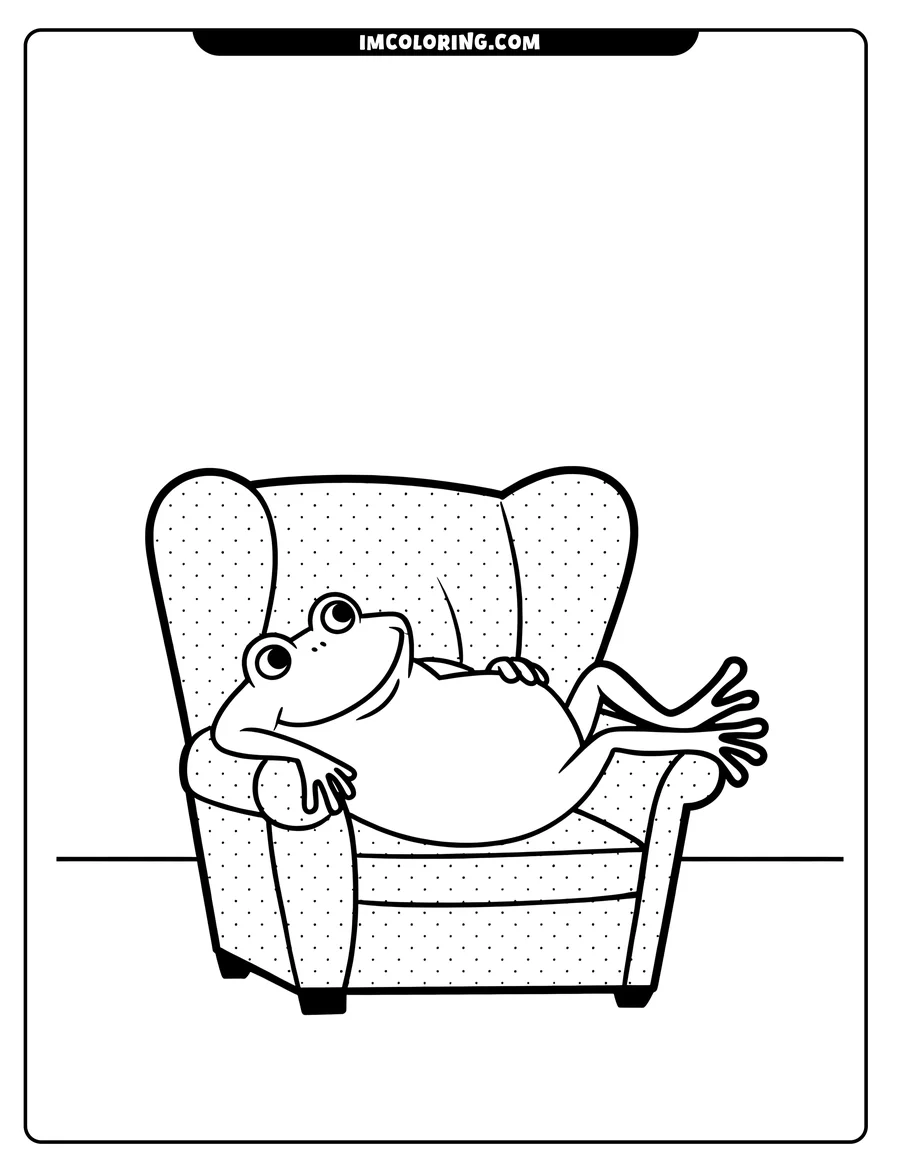 Outline of a cartoon frog relaxing in an armchair. The frog is lying back with its feet up.
