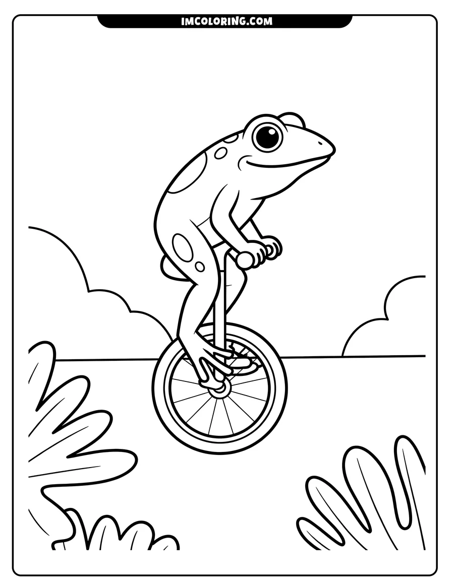Outline of a smiling frog riding a unicycle, with large leaves in the foreground and background.